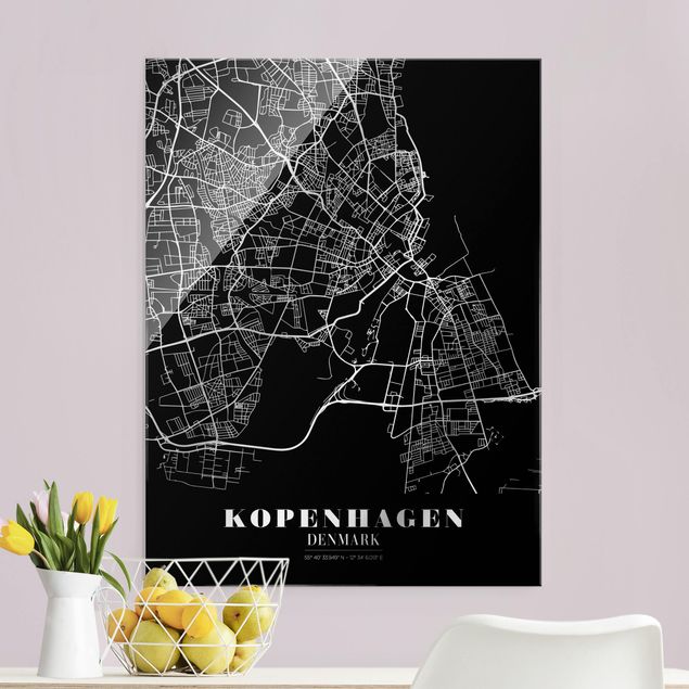 Tableaux en verre noir et blanc Plan de ville de Copenhague - Noir classique
