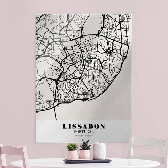 Tableaux en verre noir et blanc Carte de la ville de Lisbonne - Classique