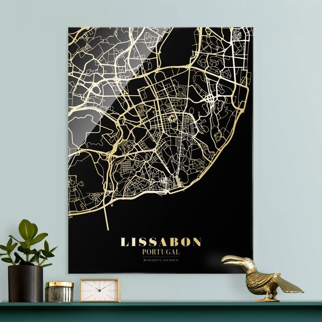 Tableaux en verre noir et blanc Plan de ville de Lisbonne - Noir classique