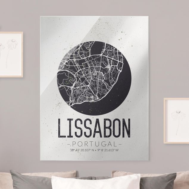 Tableaux en verre noir et blanc Plan de ville de Lisbonne - Rétro
