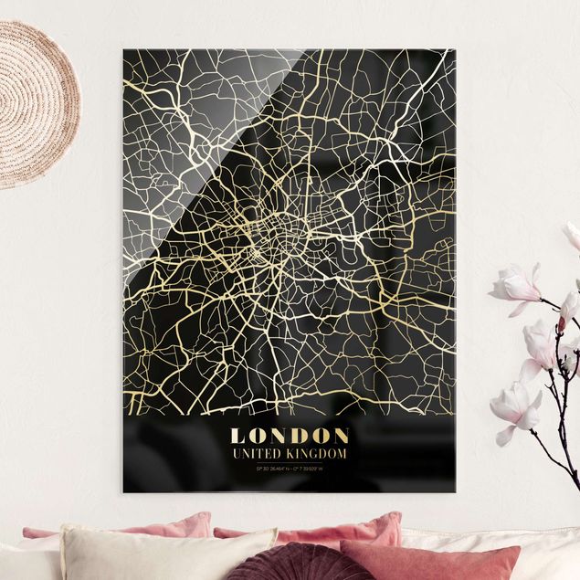 Tableaux en verre Londres Plan de ville de Londres - Noir classique