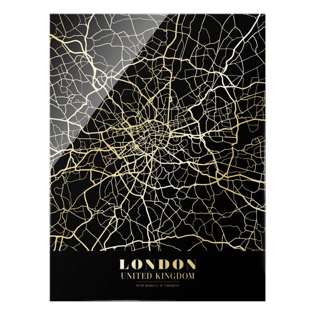 Tableaux en verre noir et blanc Plan de ville de Londres - Noir classique