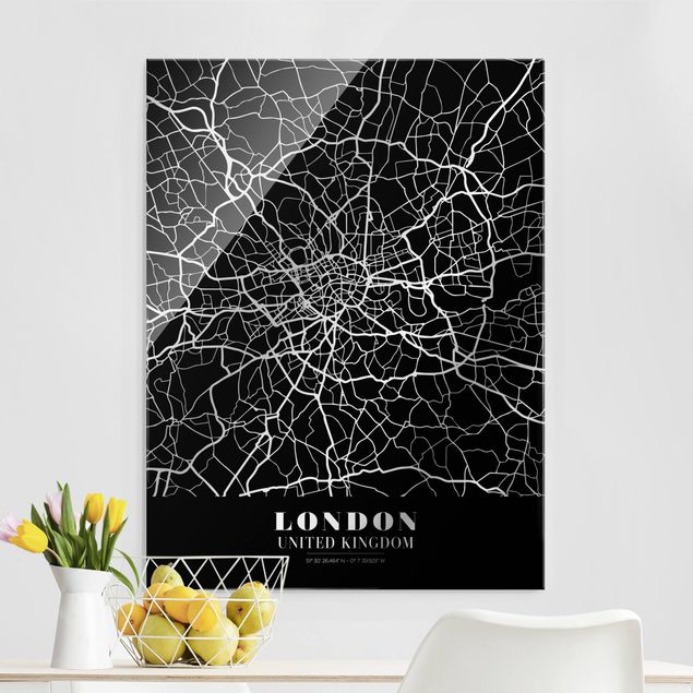 Tableaux en verre Londres Plan de ville de Londres - Noir classique