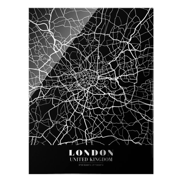 Tableaux en verre noir et blanc Plan de ville de Londres - Noir classique