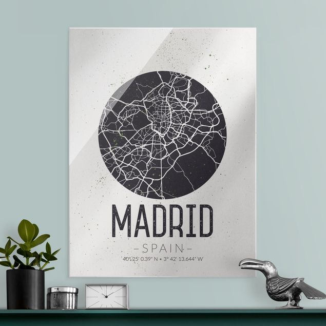 Tableaux en verre noir et blanc Plan de ville de Madrid - Rétro