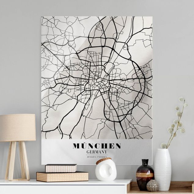 Tableaux en verre noir et blanc Plan de ville de Munich - Classique