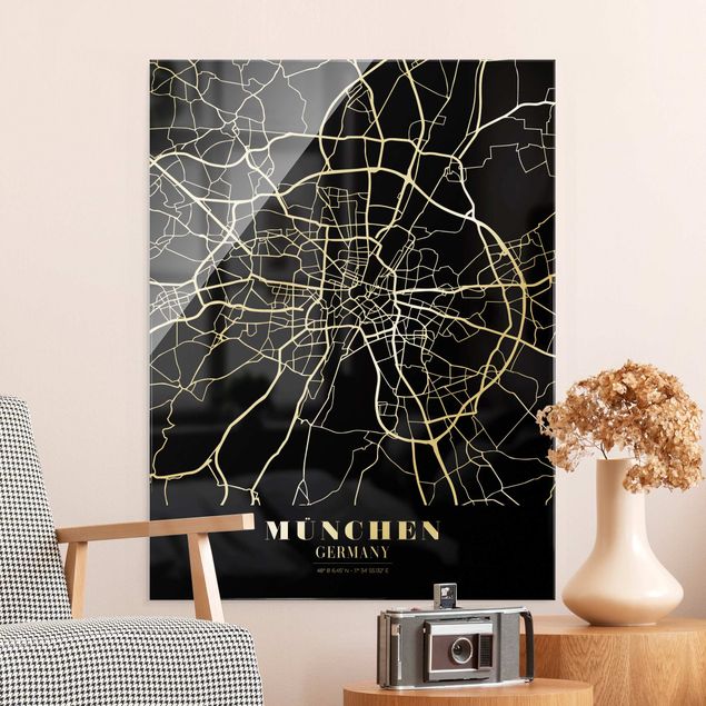 Tableaux en verre architecture & skyline Plan de ville de Munich - Noir classique