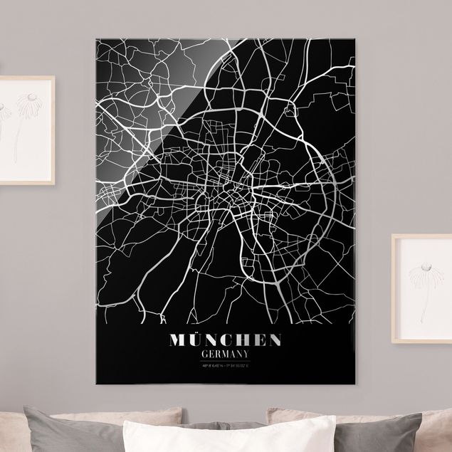 Tableaux en verre architecture & skyline Plan de ville de Munich - Noir classique
