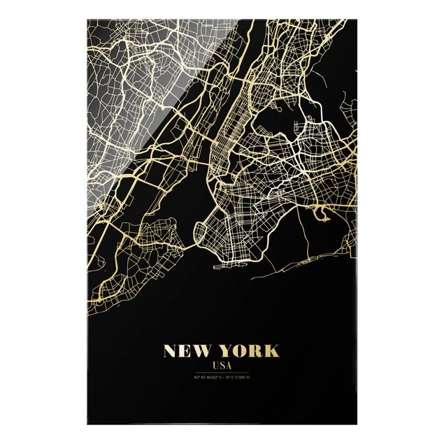 Tableaux en verre noir et blanc Plan de la ville de New York - Noir classique