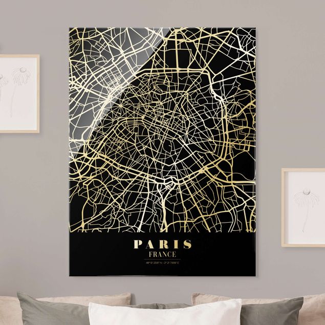 Tableaux en verre Paris Plan de ville de Paris - Noir classique