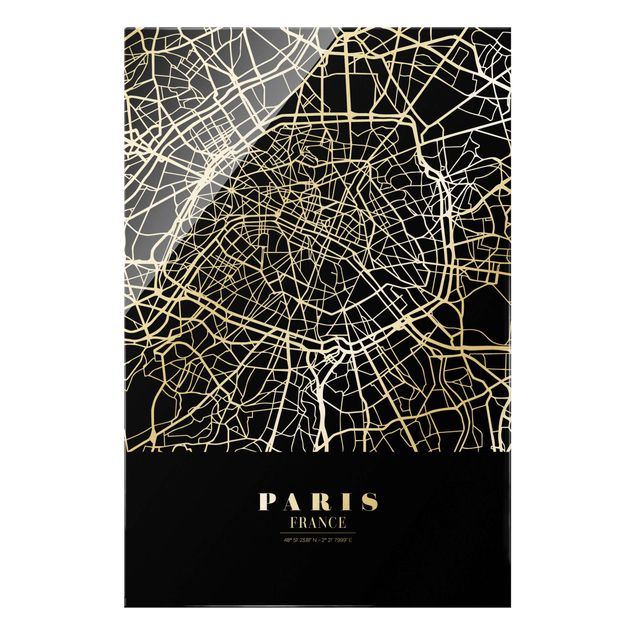 Tableaux en verre noir et blanc Plan de ville de Paris - Noir classique