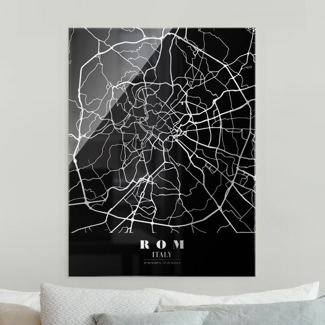 Tableaux en verre noir et blanc Plan de ville de Rome - Noir classique