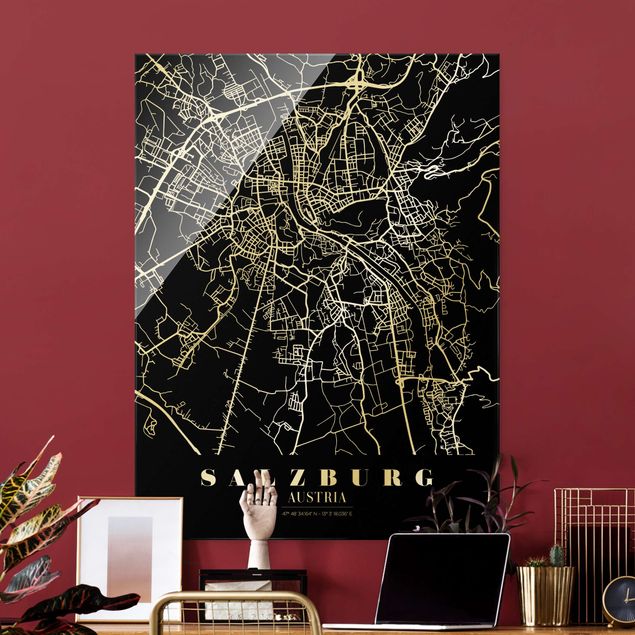 Tableaux en verre noir et blanc Plan de ville de Salzbourg - Noir classique