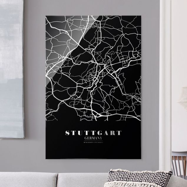 Tableaux en verre noir et blanc Plan de ville de Stuttgart - Noir classique