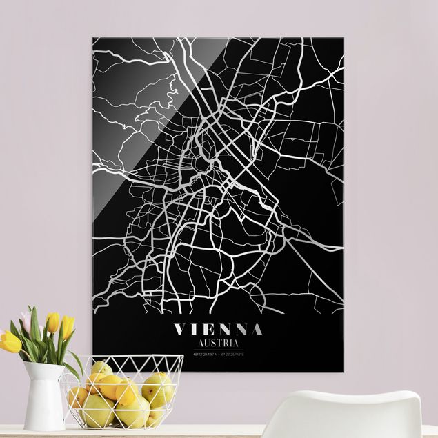 Tableaux en verre noir et blanc Plan de ville de Vienne - Noir classique