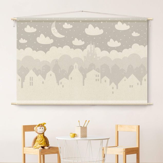 Déco chambre enfant Starry Sky With Houses And Moon In Grey