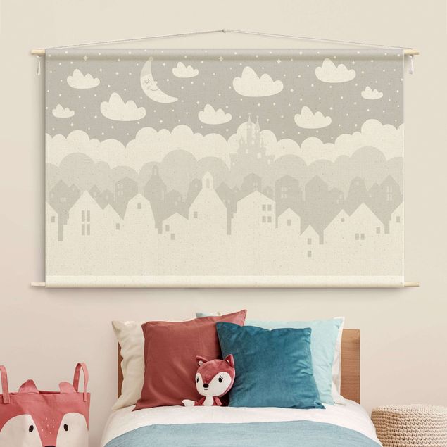 tenture murale xxl Starry Sky With Houses And Moon In Grey