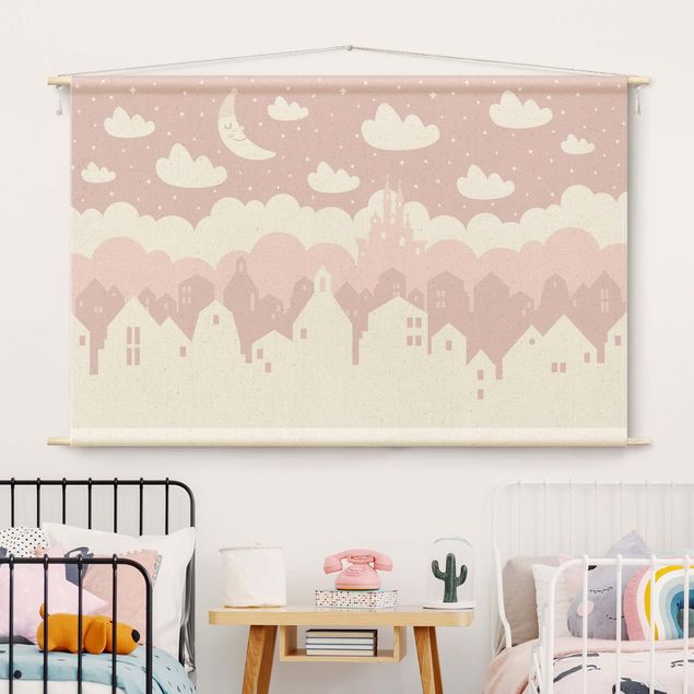 Déco chambre bébé Starry Sky With Houses And Moon In Light Pink