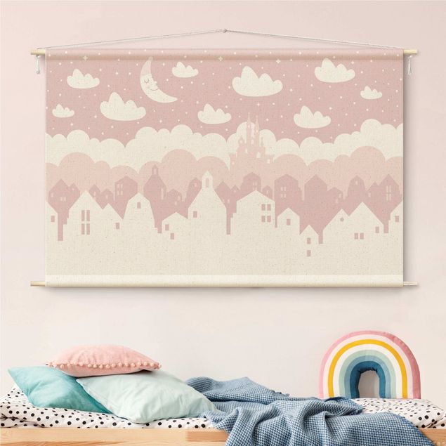 Tenture murale xxl Starry Sky With Houses And Moon In Light Pink