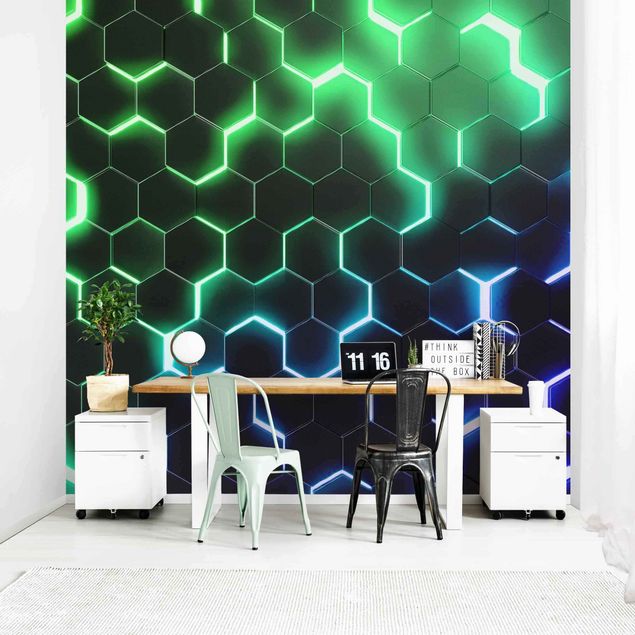 Papier peint motif geometrique Hexagones structurés avec néon en vert et bleu