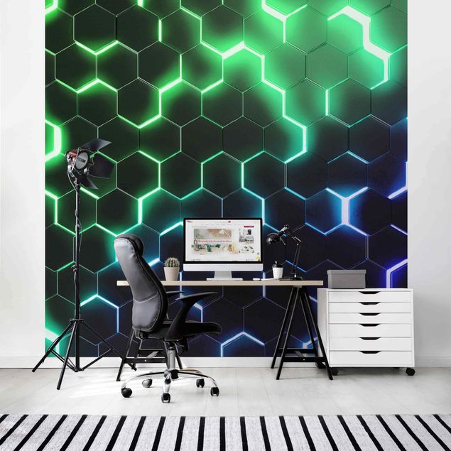 Tapisserie 3d Hexagones structurés avec néon en vert et bleu