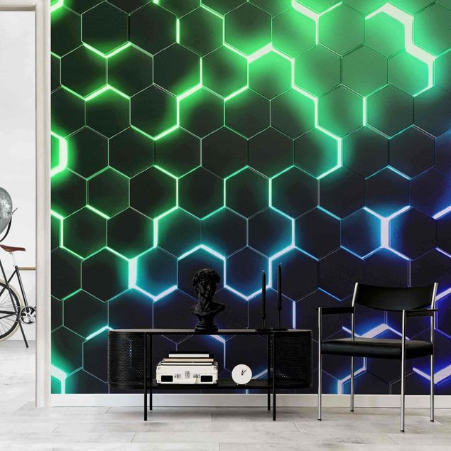 Tapisserie motif Hexagones structurés avec néon en vert et bleu