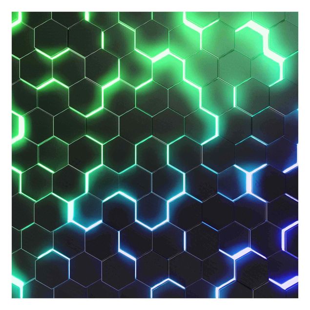 papier peint xxl Hexagones structurés avec néon en vert et bleu