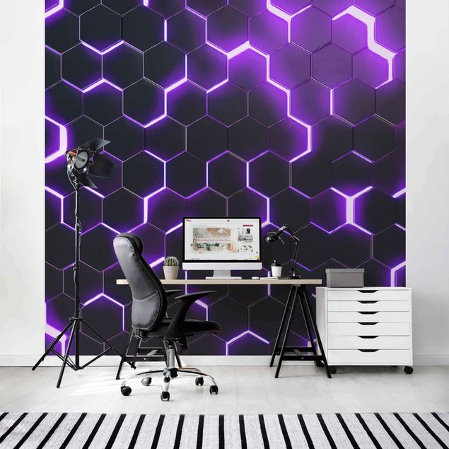 Papier peint motif geometrique Hexagones structurés avec néon en violet