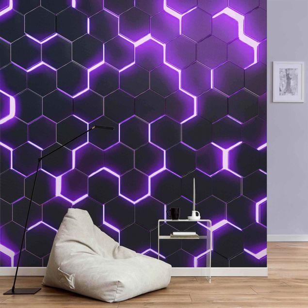 Tapisserie 3d Hexagones structurés avec néon en violet