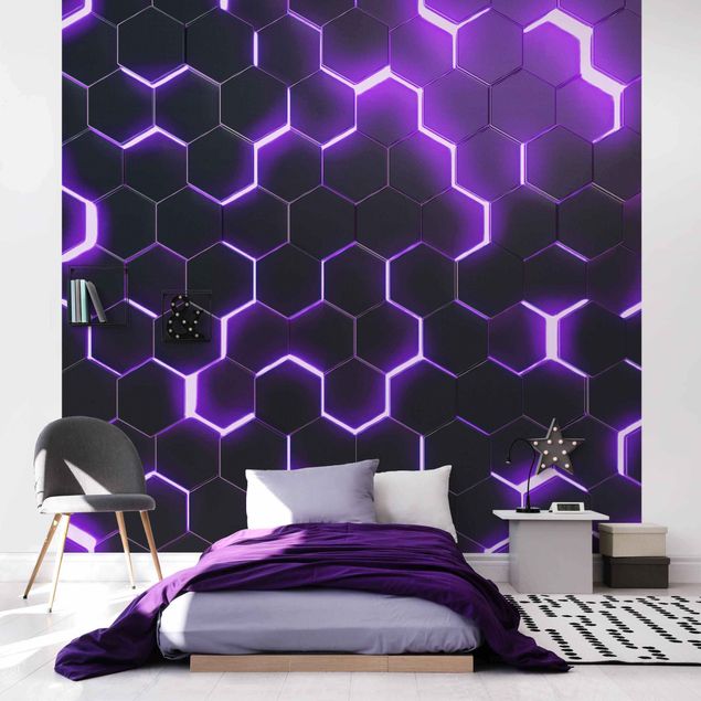 Tapisserie moderne Hexagones structurés avec néon en violet