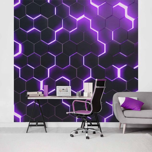 Tapisserie motif Hexagones structurés avec néon en violet
