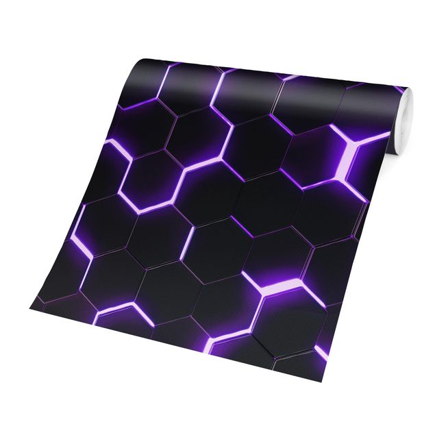 Tapisserie noir Hexagones structurés avec néon en violet