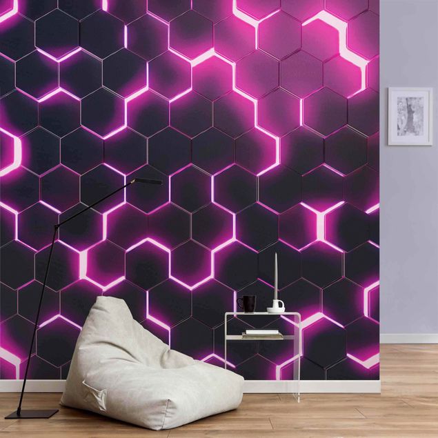 Papier peint motif geometrique Hexagones structurés avec néon en fuchsia