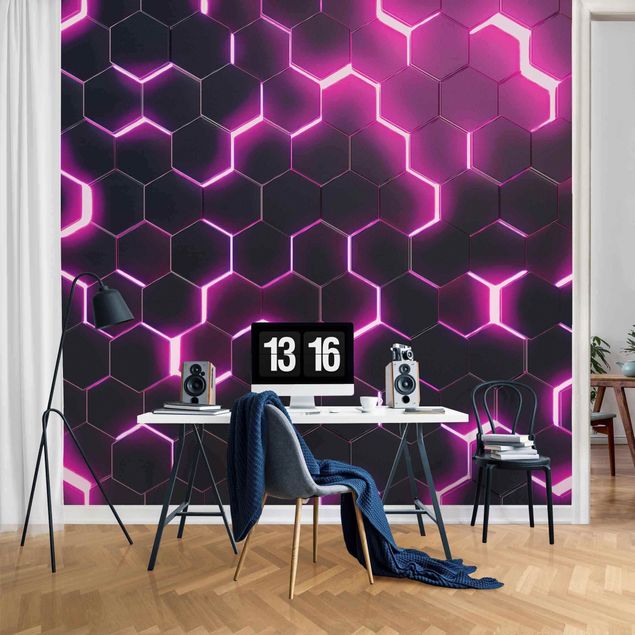 Tapisserie motif Hexagones structurés avec néon en fuchsia