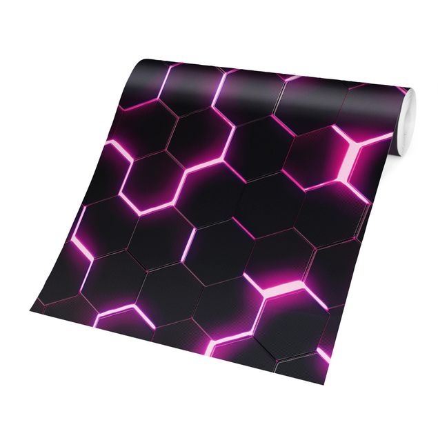 Tapisserie noir Hexagones structurés avec néon en fuchsia
