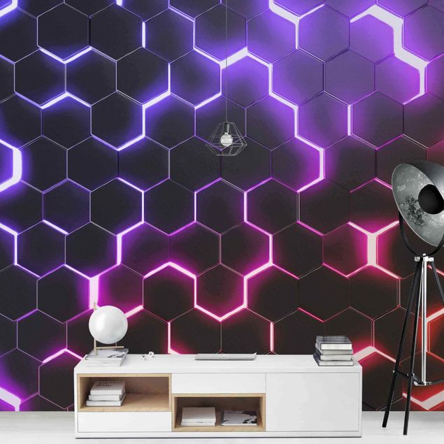 Papiers peints géométriques Hexagones structurés avec néon en rose et violet