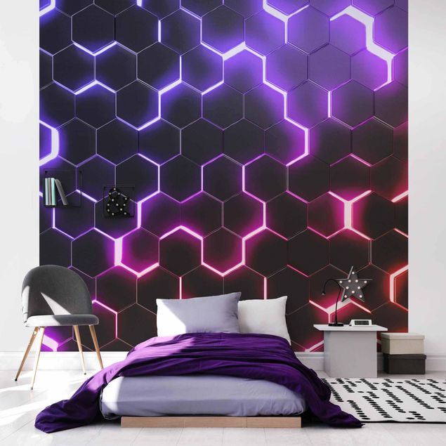 Papier peint 3d trompe l oeil Hexagones structurés avec néon en rose et violet