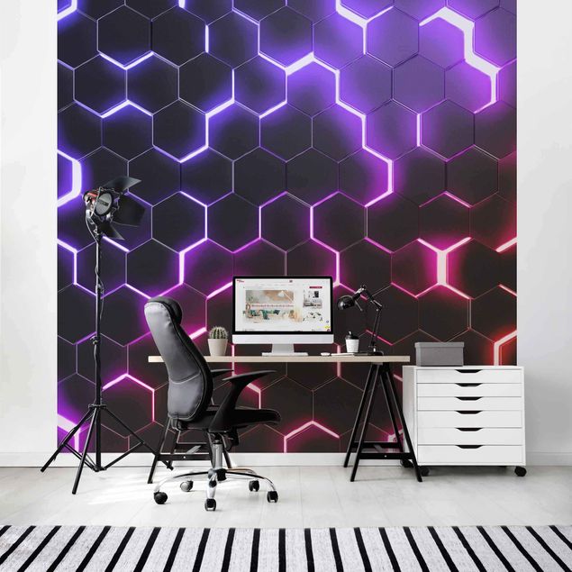 Papiers peints modernes Hexagones structurés avec néon en rose et violet