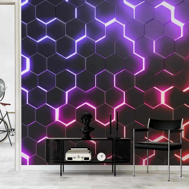 papier peint graphique Hexagones structurés avec néon en rose et violet