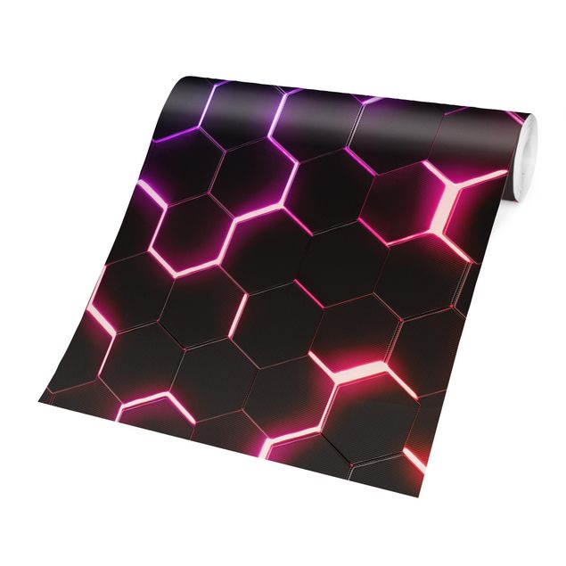 Papiers peints noirs Hexagones structurés avec néon en rose et violet