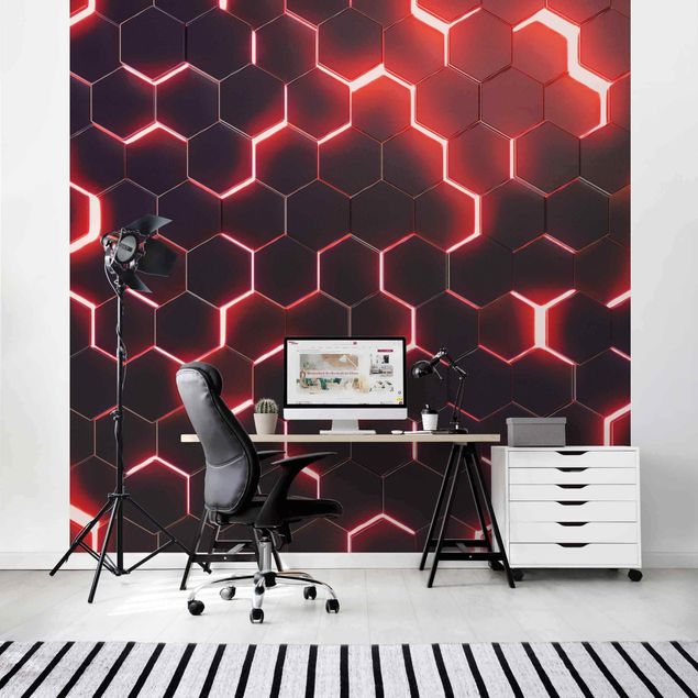 Papier peint motif geometrique Hexagones structurés avec néon en rouge