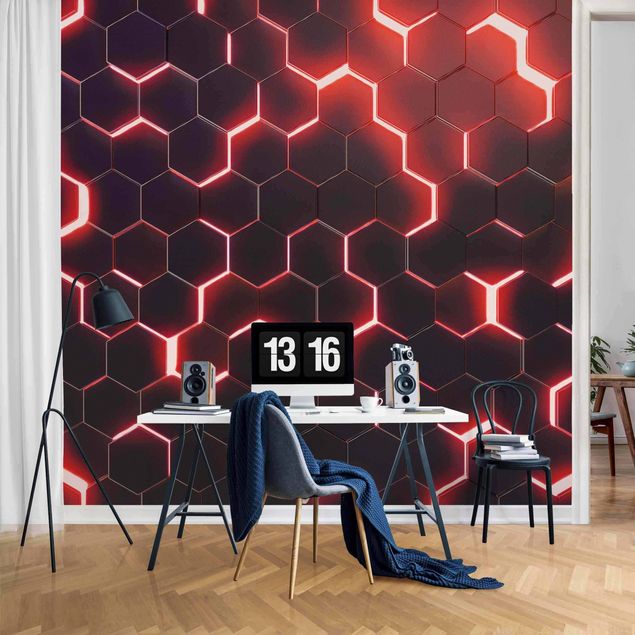 Tapisserie 3d Hexagones structurés avec néon en rouge