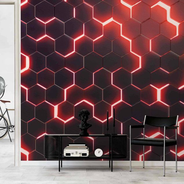 Tapisserie moderne Hexagones structurés avec néon en rouge