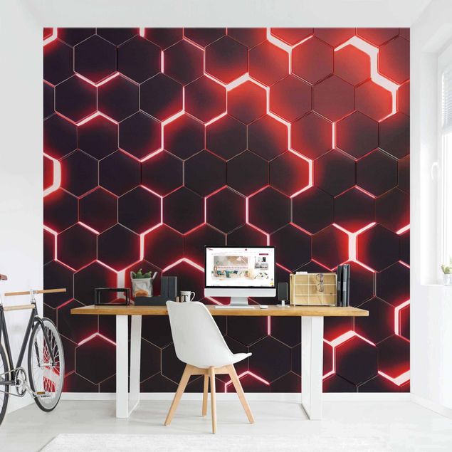 Tapisserie motif Hexagones structurés avec néon en rouge