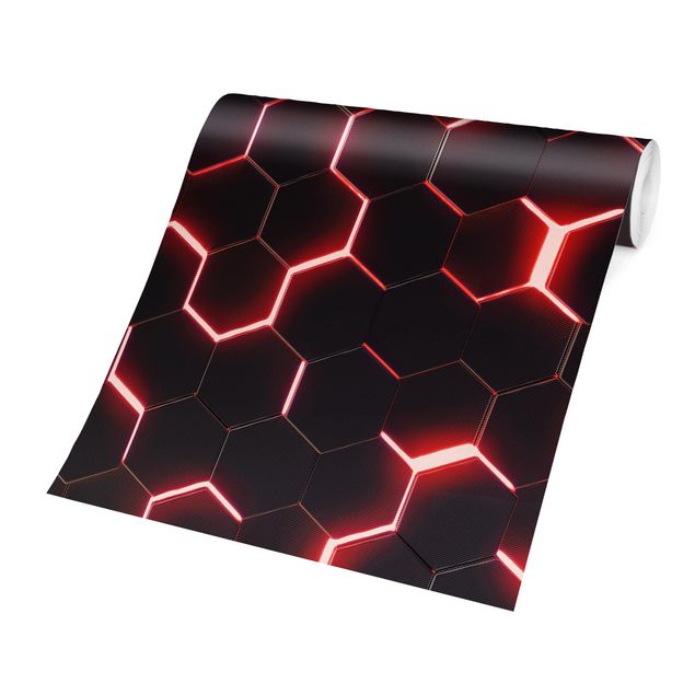 Tapisserie noir Hexagones structurés avec néon en rouge