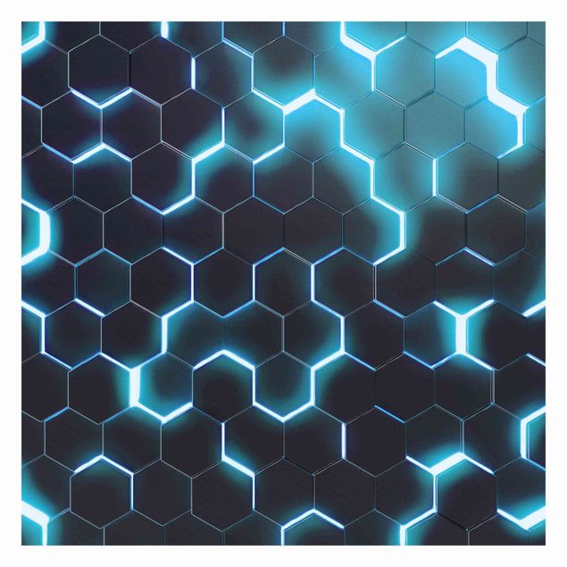 papier peint xxl Hexagones structurés avec néon en turquoise