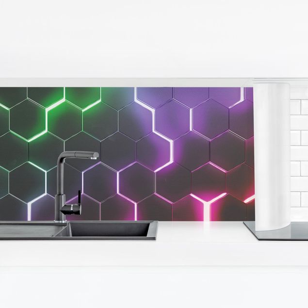 Déco murale cuisine Hexagones structurés avec néon