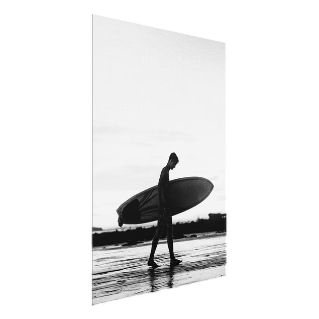 Tableaux en verre noir et blanc Surfeur de l'ombre de profil