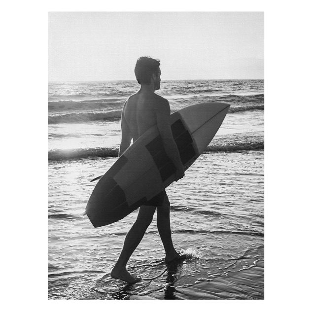 Tableaux sur toile en noir et blanc Surfer Boy At Sunset