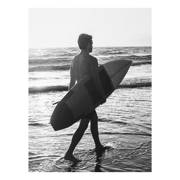 Tableaux en verre noir et blanc Surfer Boy At Sunset